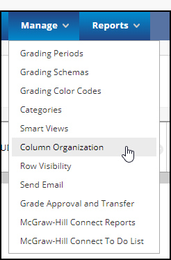 the manage drop-down menu with the column organization choice highlighted