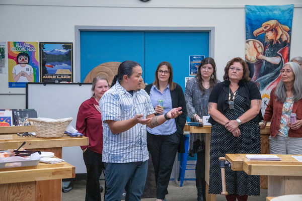X̱ʼunei Lance Twitchell, center, discusses Indigenous Studies programming alongside colleagues at the University of Alaska Southeast in a presentation in Juneau on Wednesday, Sept. 2, 2026. (Jonathon Taylor/University of Alaska Office of Public Affairs)