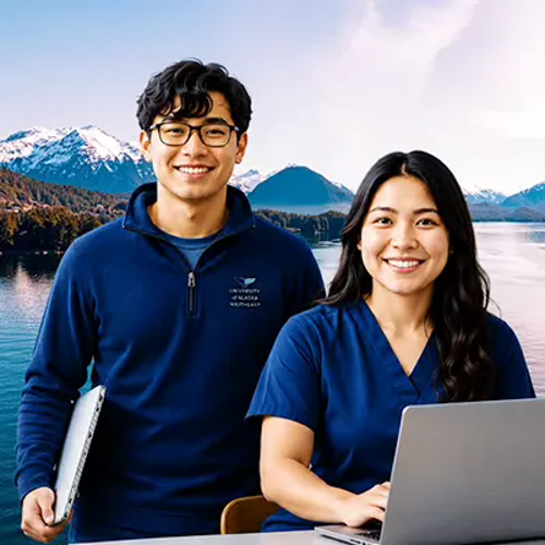 Two healthcare students standing in front of a body of water and a mountain.