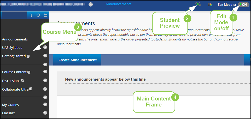 a labeled screenshot of the instructor view of Blackboard