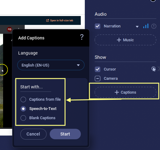 A screenshot showing the captioning menu in Screenpal with an arrow pointing to 