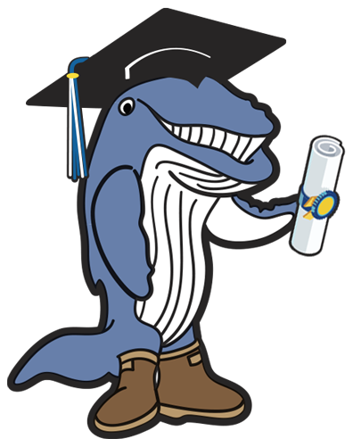 UAS Spike the whale mascot in graduate cap