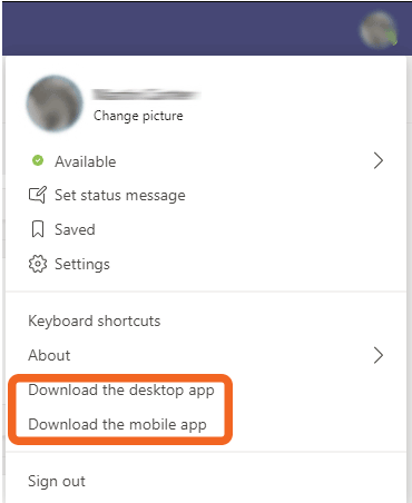 Microsoft Teams menu including app downloads