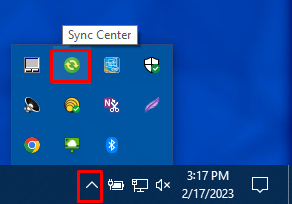 Access the Sync Center from the Windows menu in the lower right corner