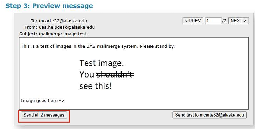 Screen shot of mailmerge preview message last confirmation