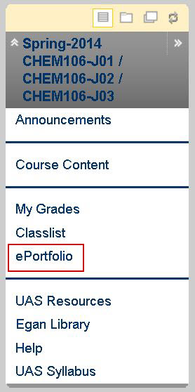This is an example image of the side panel in a BlackBoard Course. ePortfolio is highlighted.