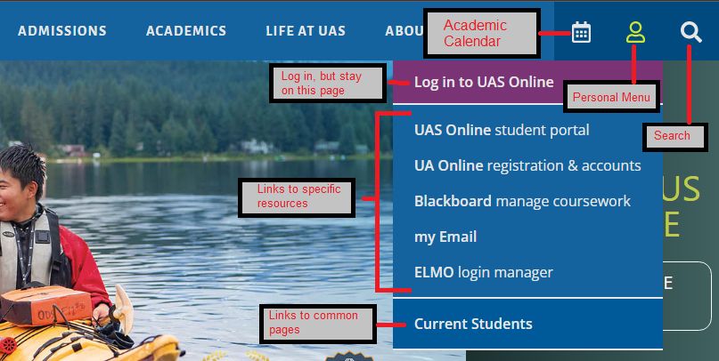 UAS Website Navigation Menu with labels
