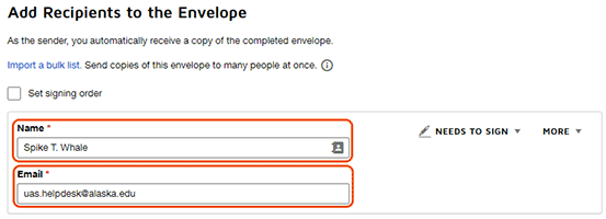 Click the text box and type out the name and email address of the recipient you are sending the document to.