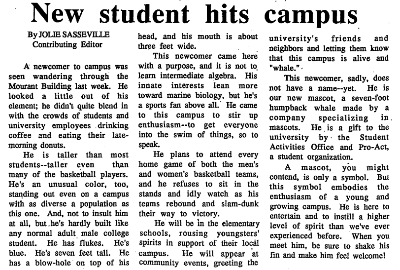 Whalesong article announcing Spike to campus.