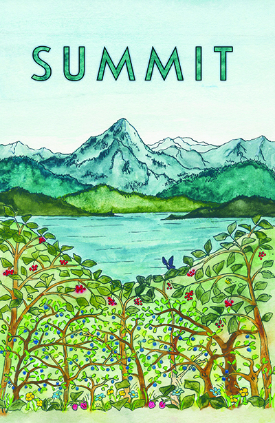 Cover art of mountains, a lake, and berry bushes