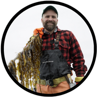circle icon with image of white male Bren Smith wearing a red and black flannel shirt with line of kelp over his right shoulder